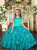 Aqua Blue Ball Gowns Scoop Sleeveless Organza Floor Length Lace Up Ruffles Little Girls Pageant Dress