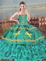 Turquoise Lace Up Quinceanera Gowns Embroidery and Ruffled Layers Sleeveless Floor Length