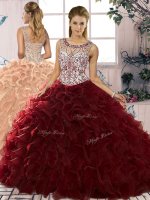 Chic Floor Length Burgundy Quinceanera Gowns Organza Sleeveless Beading and Ruffles