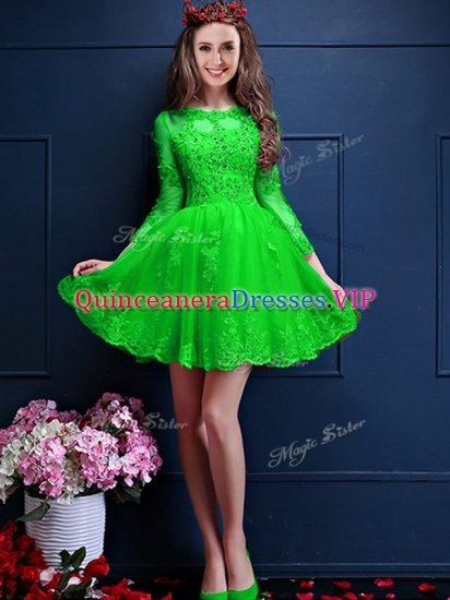 A-line Chiffon Scalloped 3 4 Length Sleeve Beading and Lace and Appliques Mini Length Lace Up Damas Dress - Click Image to Close