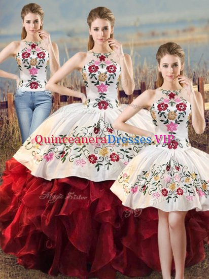 White And Red Ball Gowns Organza Halter Top Sleeveless Embroidery and Ruffles Floor Length Lace Up Sweet 16 Dresses - Click Image to Close