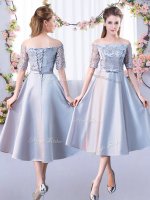Off The Shoulder Half Sleeves Vestidos de Damas Tea Length Lace Silver Satin(SKU BMT0485CBIZ)
