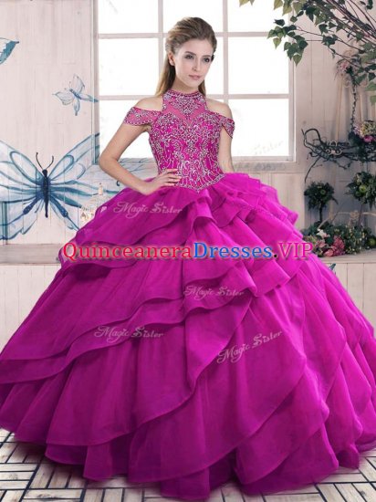 Fitting High-neck Sleeveless 15 Quinceanera Dress Floor Length Beading and Ruffled Layers Fuchsia Organza - Click Image to Close