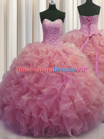 Glorious Floor Length Lace Up Sweet 16 Quinceanera Dress Watermelon Red for Military Ball and Sweet 16 and Quinceanera with Beading and Ruffles - Click Image to Close