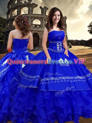 Customized Strapless Sleeveless Quinceanera Gown Floor Length Embroidery and Ruffled Layers Royal Blue Taffeta