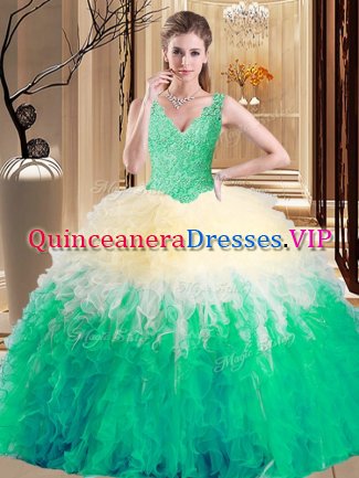 Graceful V-neck Sleeveless Sweet 16 Quinceanera Dress Floor Length Lace and Appliques and Ruffles Multi-color Tulle