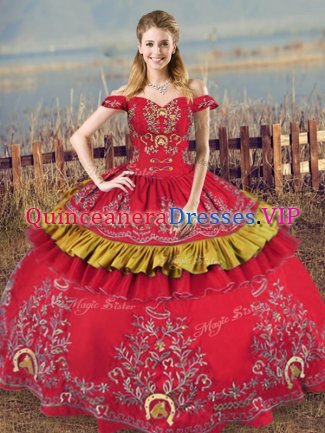 Fashionable Off The Shoulder Sleeveless Sweet 16 Dress Floor Length Embroidery Red Satin and Organza