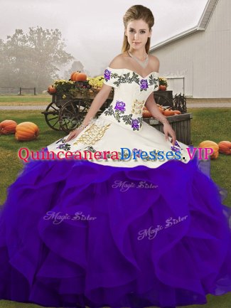 Off The Shoulder Sleeveless Lace Up Ball Gown Prom Dress White And Purple Tulle