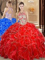 Coral Red Backless Scoop Embroidery and Ruffles Quinceanera Dress Organza Sleeveless