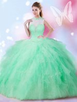 Free and Easy Apple Green Ball Gowns Tulle High-neck Sleeveless Beading and Ruffles Floor Length Lace Up Ball Gown Prom Dress