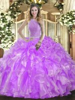 Captivating Floor Length Lace Up Quinceanera Gowns Lavender for Military Ball and Sweet 16 and Quinceanera with Beading and Ruffles