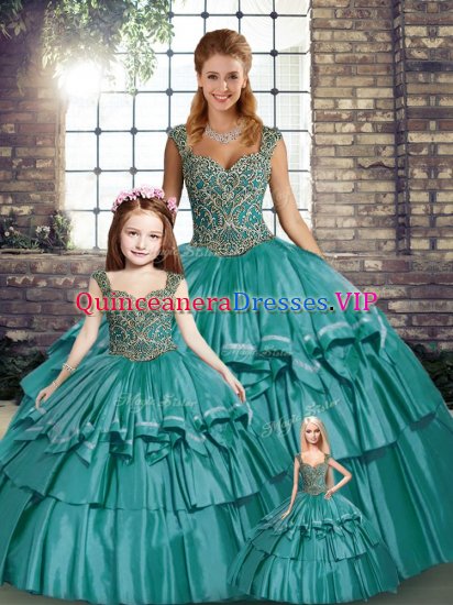 Teal Taffeta Lace Up Straps Sleeveless Floor Length Quinceanera Dresses Beading and Ruffled Layers - Click Image to Close