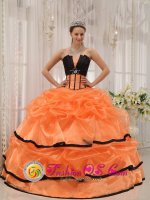Brownwood TX Pretty Black and orange Quinceanera Dress For Summer Strapless Satin and Organza With Beading Ball Gown(SKU QDZY432y-3BIZ)