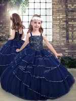 Tulle Straps Sleeveless Lace Up Beading Little Girls Pageant Dress in Navy Blue