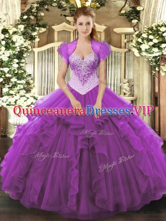 Eggplant Purple Tulle Lace Up Ball Gown Prom Dress Sleeveless Floor Length Beading