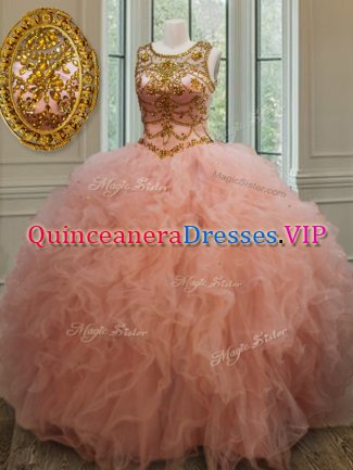 Stunning Scoop See Through Peach Lace Up Vestidos de Quinceanera Beading and Ruffles Sleeveless Floor Length