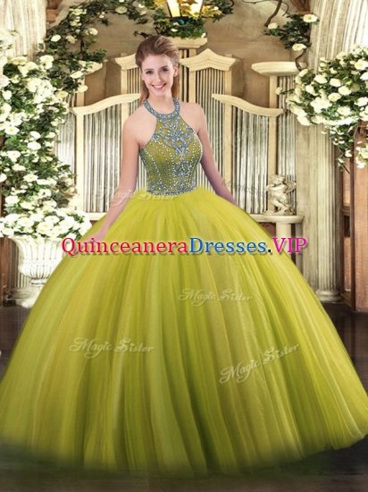Cute Halter Top Sleeveless Quince Ball Gowns Floor Length Beading Olive Green Tulle - Click Image to Close