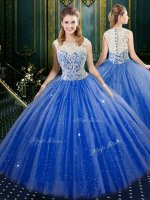 Modest Tulle High-neck Sleeveless Zipper Lace Quince Ball Gowns in Royal Blue