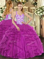 Fancy Fuchsia Ball Gowns Beading and Appliques and Ruffles Quinceanera Dresses Lace Up Tulle Sleeveless Floor Length