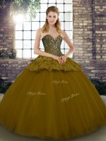 Tulle Sweetheart Sleeveless Lace Up Beading and Appliques Ball Gown Prom Dress in Brown