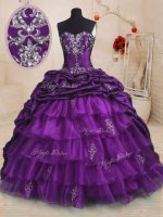 Colorful Purple Organza and Taffeta Lace Up Quinceanera Dress Sleeveless With Train Sweep Train Beading and Appliques and Ruffled Layers and Pick Ups