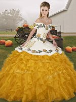 Deluxe Gold Off The Shoulder Lace Up Embroidery and Ruffles Vestidos de Quinceanera Sleeveless