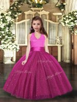 Custom Made Fuchsia Ball Gowns Ruching Kids Formal Wear Lace Up Tulle Sleeveless Floor Length