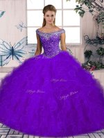 Ideal Off The Shoulder Sleeveless Brush Train Lace Up 15 Quinceanera Dress Purple Tulle