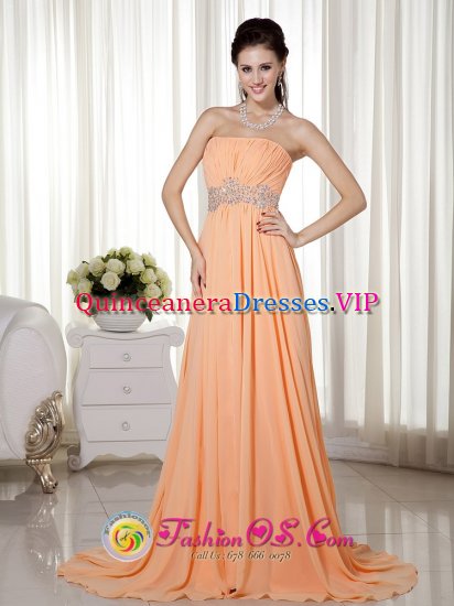Elegant Orange Red Empire Strapless Brush Train Chiffon Beading and Ruch Quinceanera Dama Dress in Key Biscayne FL - Click Image to Close