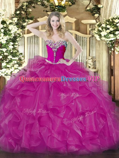 Low Price Fuchsia Lace Up Sweetheart Beading and Ruffles Sweet 16 Dress Organza Sleeveless - Click Image to Close