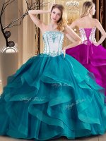 Teal Strapless Lace Up Embroidery Quinceanera Gown Sleeveless