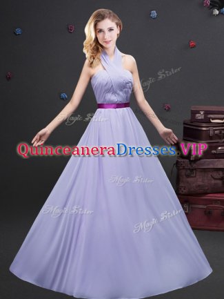 Admirable Halter Top Lavender Chiffon Zipper Dama Dress Sleeveless Floor Length Belt
