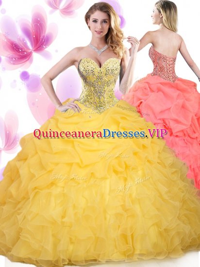 Charming Sweetheart Sleeveless Quinceanera Dress Floor Length Beading and Ruffled Layers Gold Tulle - Click Image to Close