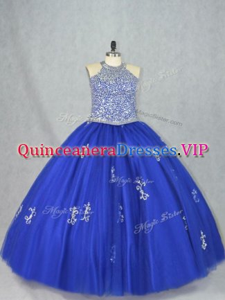 Cheap Tulle Halter Top Sleeveless Lace Up Beading 15 Quinceanera Dress in Blue