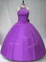 Purple Halter Top Lace Up Beading Sweet 16 Quinceanera Dress Sleeveless
