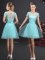 Fashion Tulle Scoop Short Sleeves Lace Up Lace and Appliques and Belt Quinceanera Court Dresses in Aqua Blue