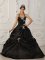 Pella Iowa/IA Black Princess Appliques Ruched Bodice Quinceanera Dress With Halter Neckline Taffeta