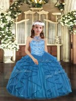 Dazzling Blue Ball Gowns Beading and Ruffles Little Girls Pageant Gowns Lace Up Tulle Sleeveless Floor Length(SKU PAG1046-1BIZ)