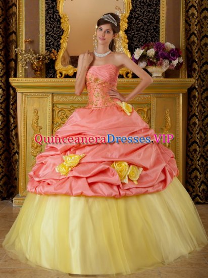 Rexburg Idaho/ID Colorful Hand Made Flowers and Pick-ups For Watermelon and Yellow Strapless Quinceanera Dress With Taffeta and Tulle Appliques - Click Image to Close