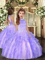 Lavender Backless Kids Formal Wear Beading and Ruffles Sleeveless Floor Length
