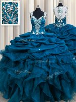 Discount Zipple Up See Through Back Teal Sleeveless Beading and Ruffles and Sequins and Pick Ups Floor Length Ball Gown Prom Dress