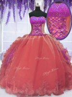 New Arrival Watermelon Red Strapless Neckline Embroidery and Ruffles Quinceanera Dress Sleeveless Lace Up(SKU PSSW060-7BIZ)