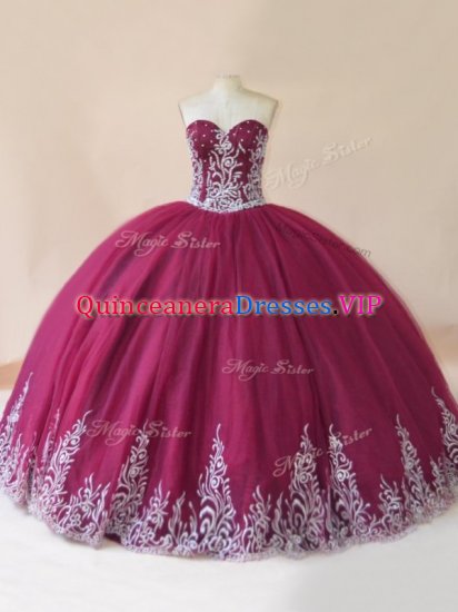 Free and Easy Burgundy Lace Up Sweetheart Embroidery Quince Ball Gowns Tulle Sleeveless - Click Image to Close