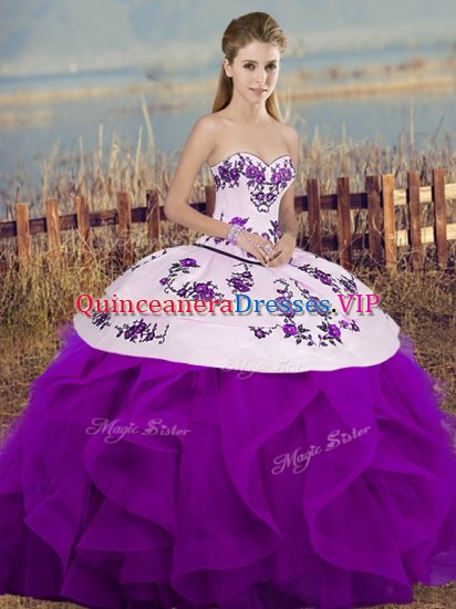 White And Purple Sweetheart Lace Up Embroidery and Ruffles and Bowknot Sweet 16 Quinceanera Dress Sleeveless - Click Image to Close
