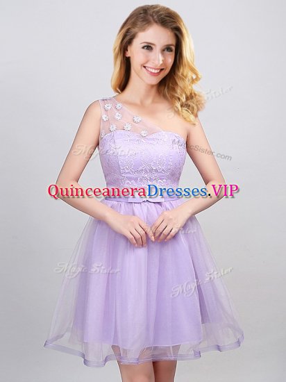 Traditional One Shoulder Sleeveless Lace Up Quinceanera Dama Dress Lavender Tulle - Click Image to Close