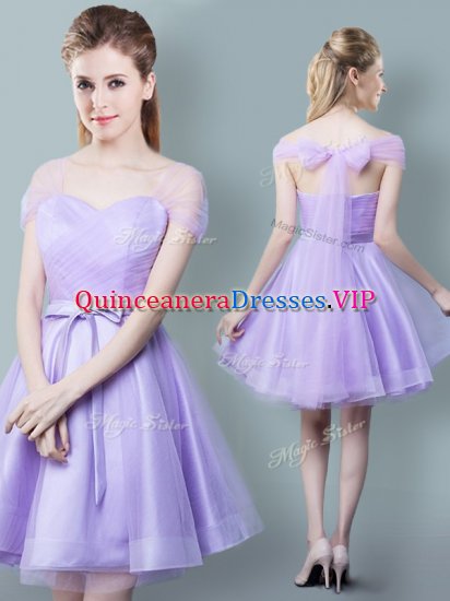 Modest Straps Lavender Cap Sleeves Ruching and Bowknot Knee Length Dama Dress - Click Image to Close