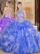 Artistic Scoop Backless Blue Sleeveless Embroidery and Ruffles Floor Length 15th Birthday Dress