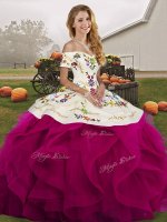 Superior Off The Shoulder Sleeveless Tulle Sweet 16 Quinceanera Dress Embroidery and Ruffles Lace Up