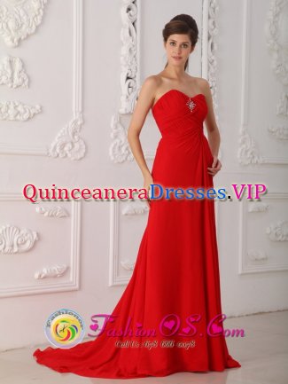 Classical Red Column / Sheath Sweetheart Sweep /Brush Train Chiffon Beading Quinceanera Dama Dress in Plantation FL