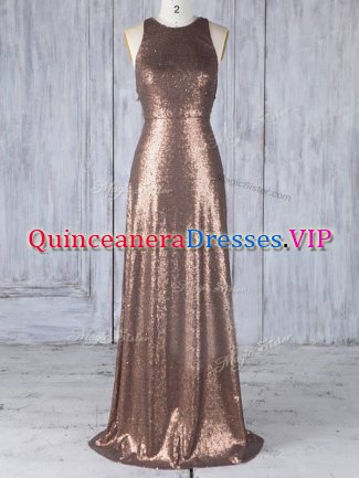 Sleeveless Sequined Floor Length Criss Cross Quinceanera Court of Honor Dress in Brown with Appliques